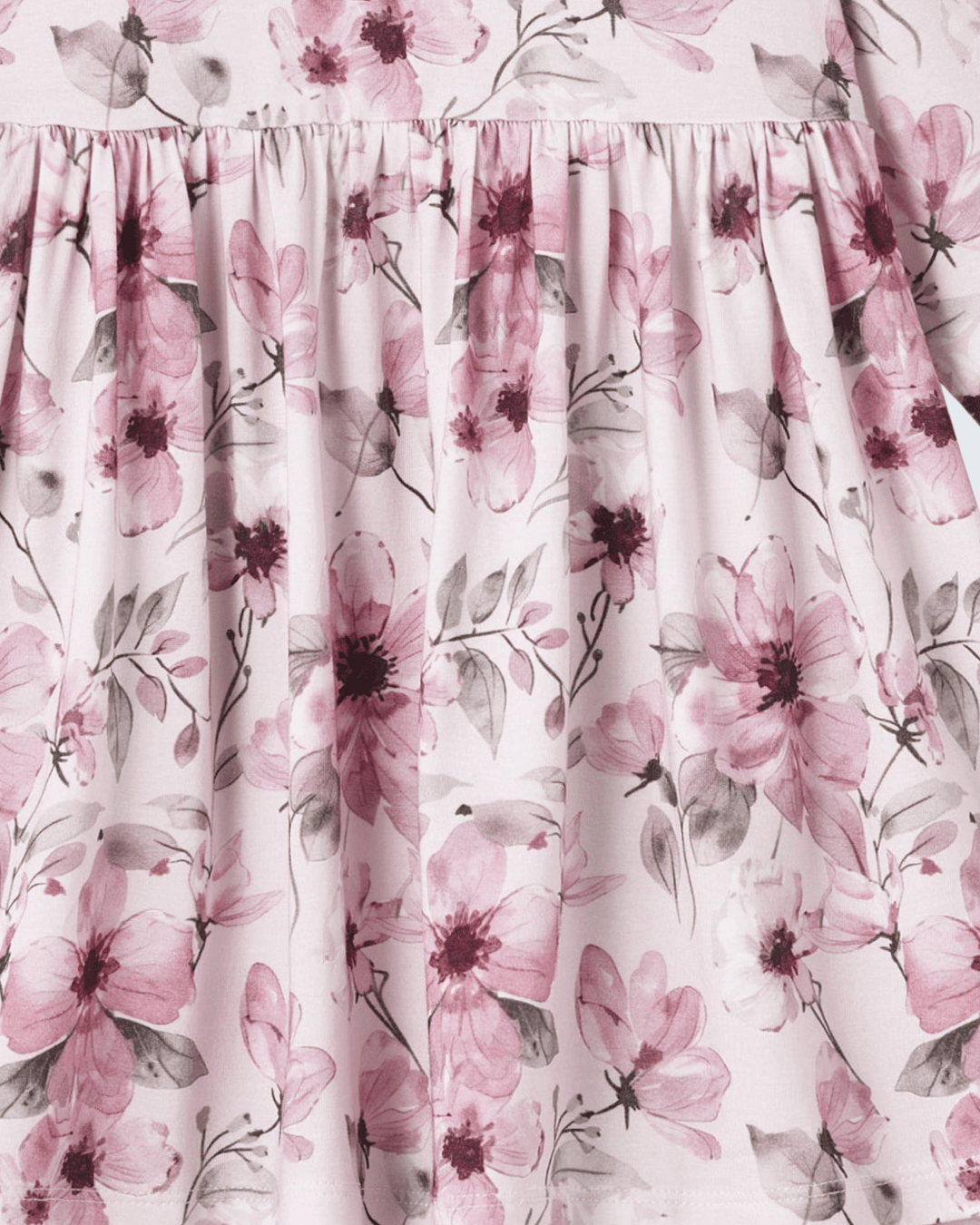Bamboo dress detail: gathered yoke and flowing skirt with pink floral print
