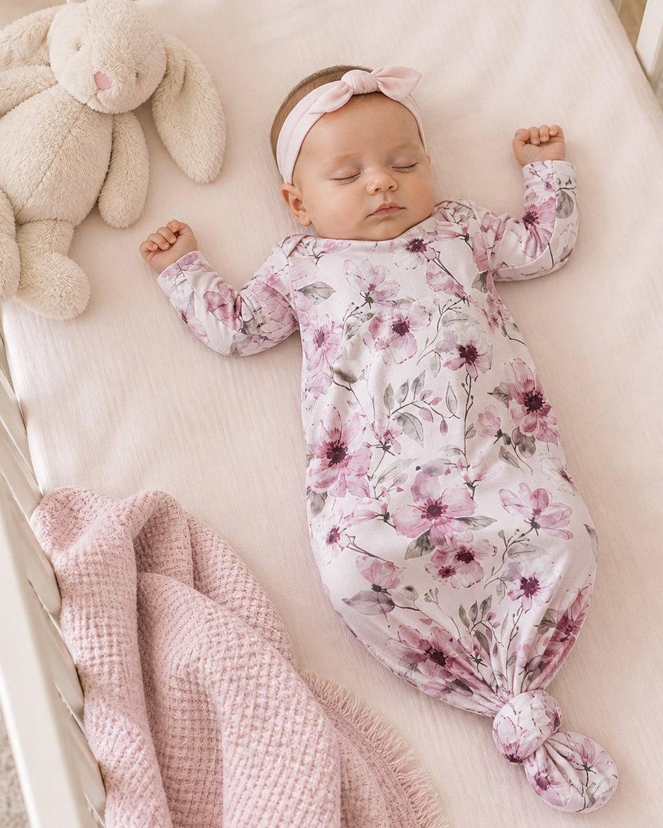Floral long-sleeve knot baby gown in pink watercolor blooms