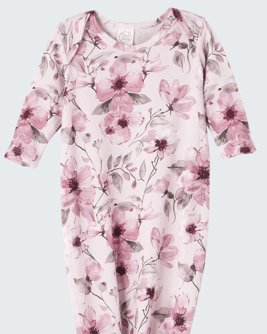 Pink watercolor floral long-sleeve baby gown with crew neckline