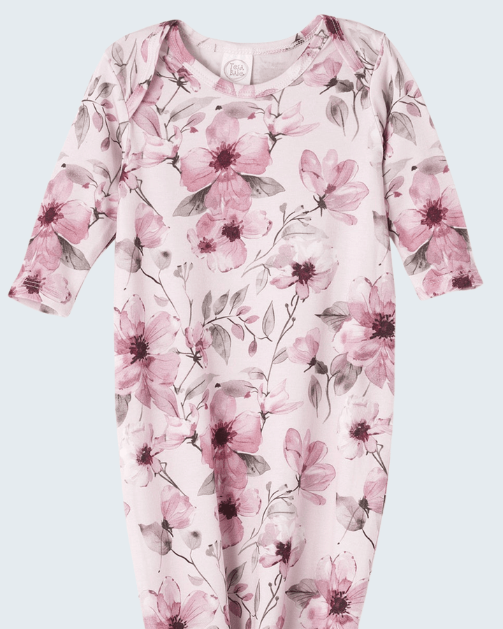 Pink watercolor floral long-sleeve baby gown with crew neckline