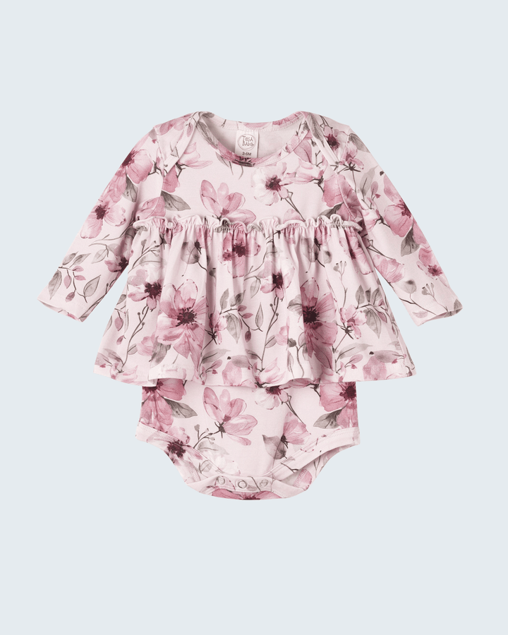 Pink watercolor floral long-sleeve skirted bodysuit