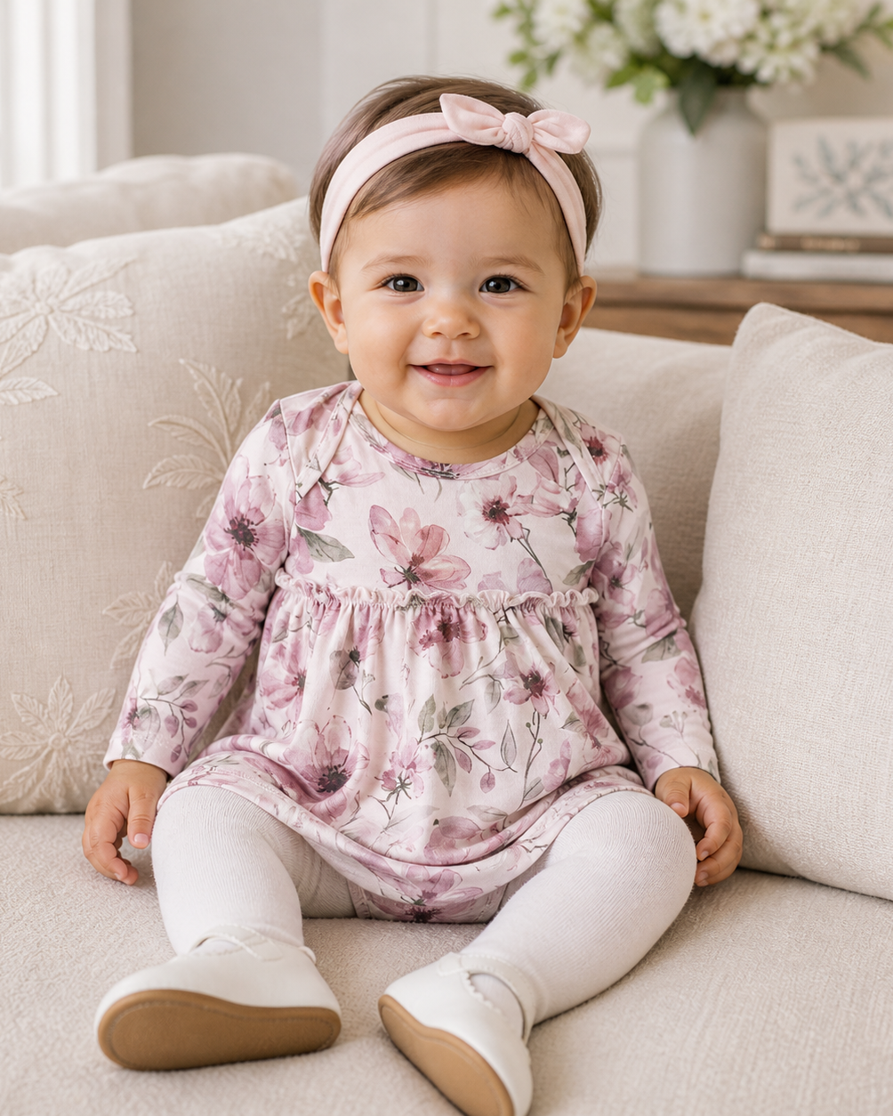 Pink watercolor floral long-sleeve bodysuit with ruffled skirt overlay, front view