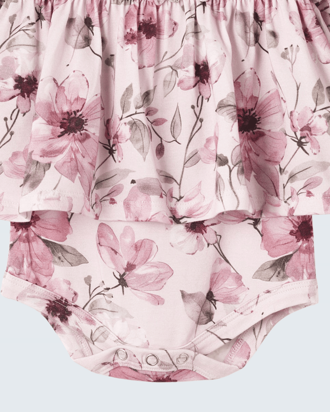 Pink watercolor floral bodysuit with gathered skirt hem