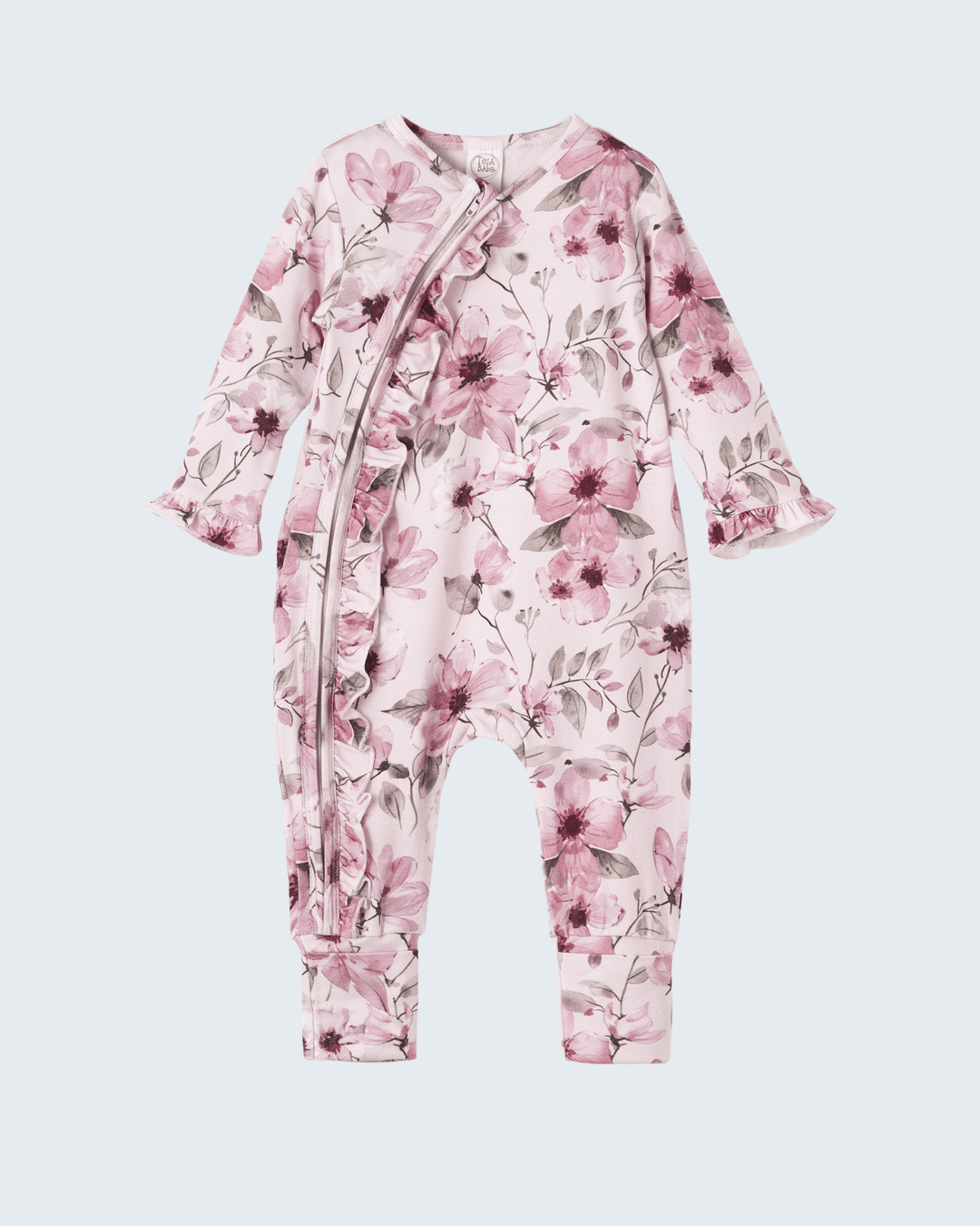Floral bamboo zipper romper with pink blossoms, long sleeves and front zipper