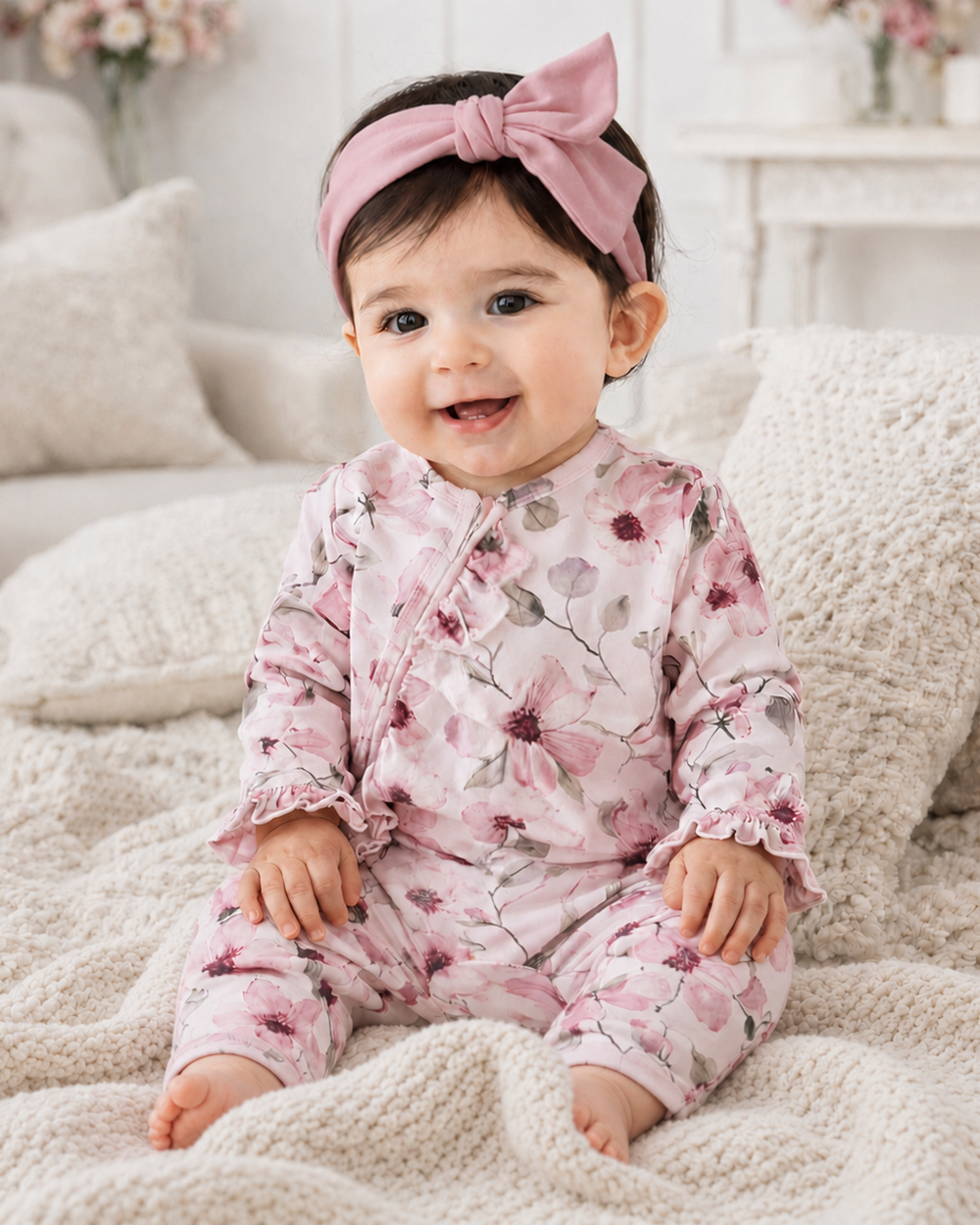 Pink floral bamboo zipper romper with long sleeves and ruffle-trim cuffs