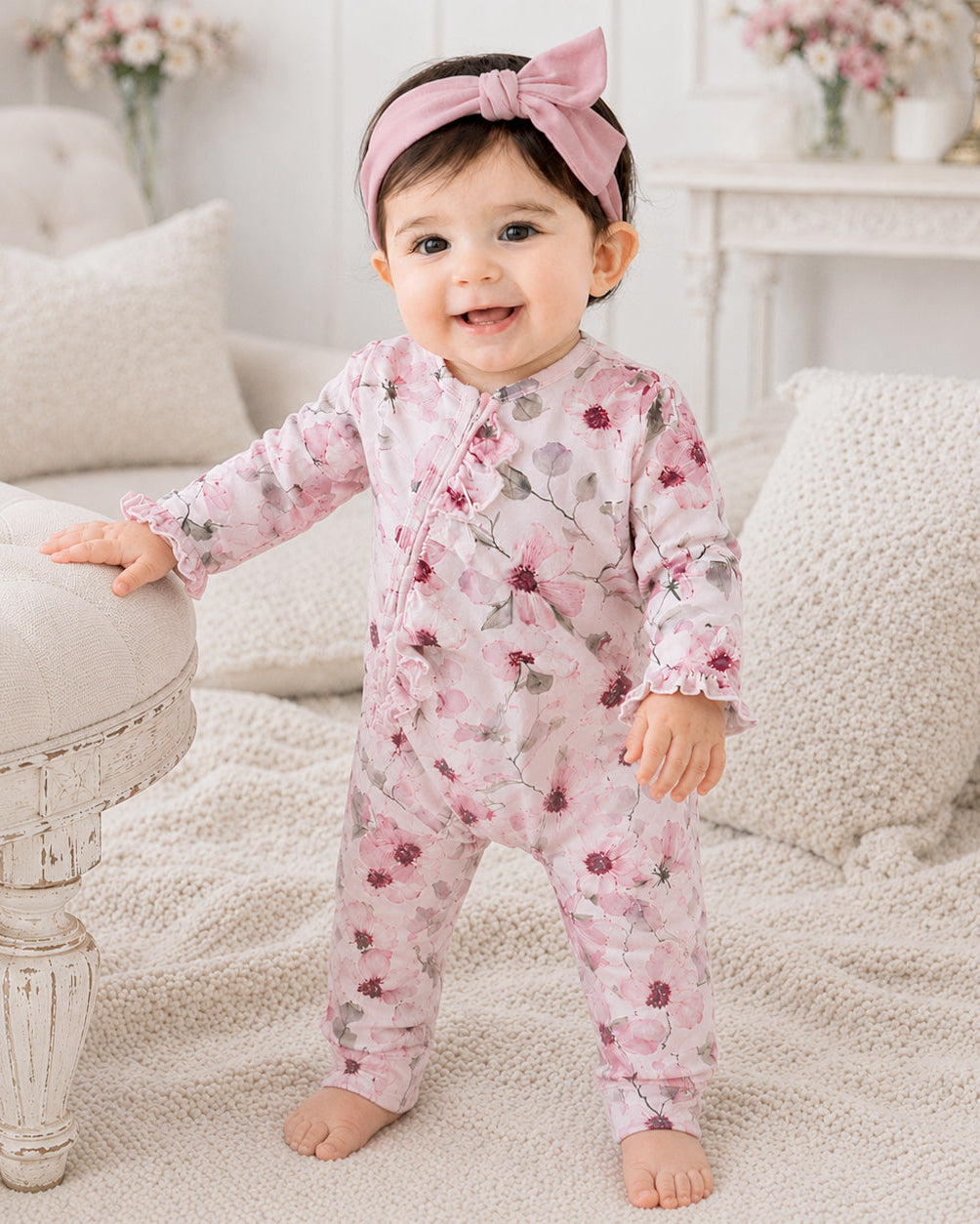 Pink floral bamboo zipper romper, front zipper and full-length pant legs