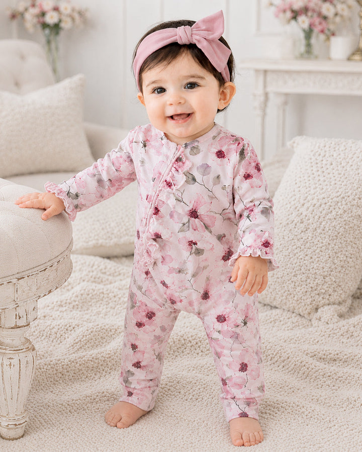 Pink floral bamboo zipper romper, front zipper and full-length pant legs