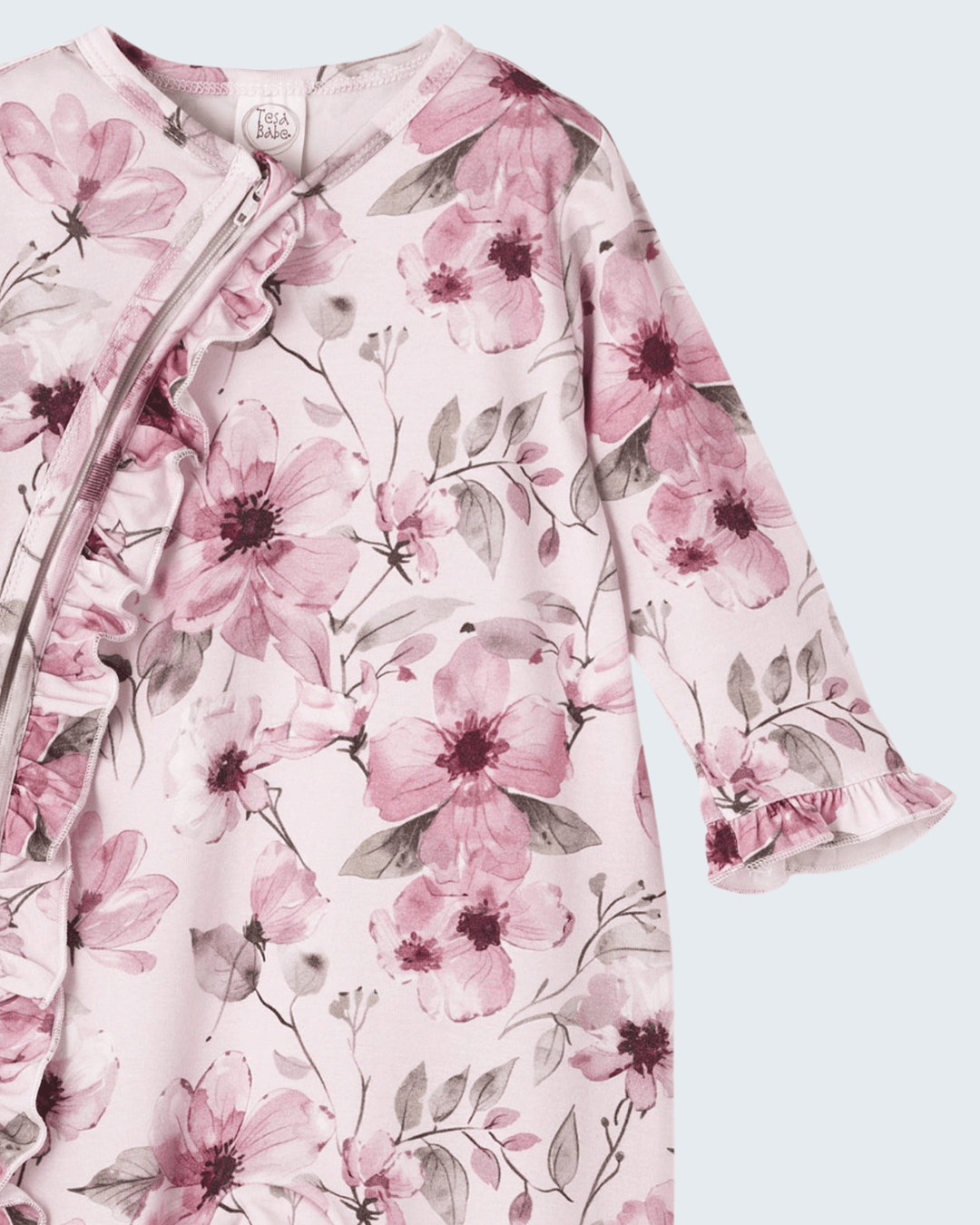 Floral bamboo zipper romper, pink long sleeves with ruffled cuffs