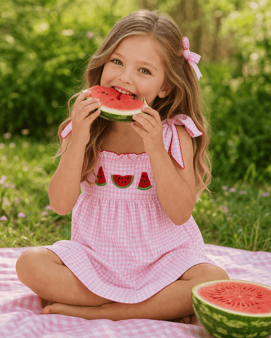 Young girl in a pink dress with watermelon design eating a watermelon slice outdoors.