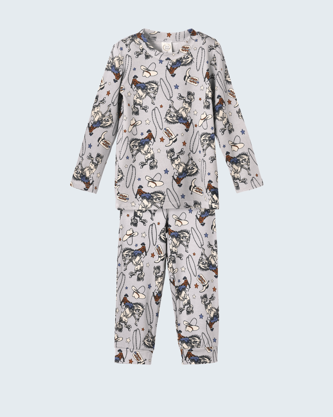 Bamboo pajama set with white rodeo cowboy prints and button-front top, matching pants