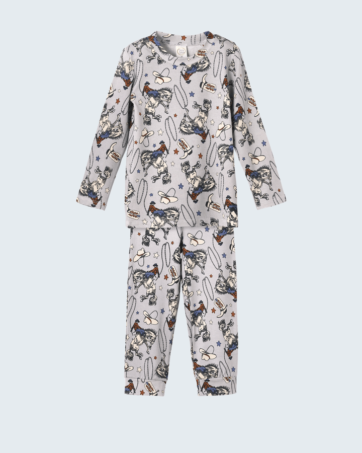 Bamboo pajama set with white rodeo cowboy prints and button-front top, matching pants