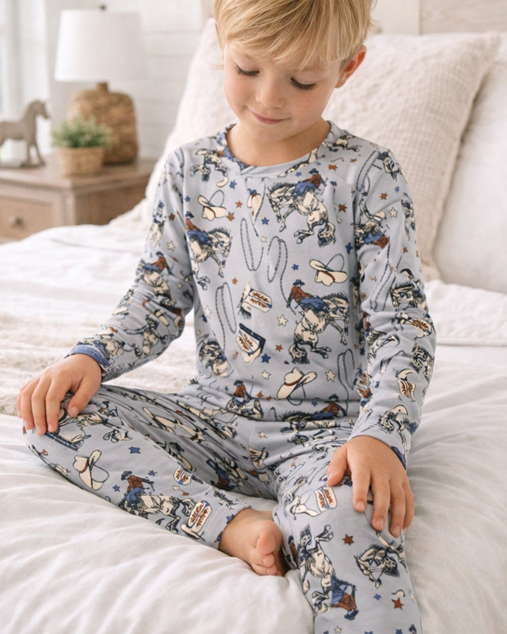 Kids bamboo pajama set: long-sleeve top & pants with Western cowboy print