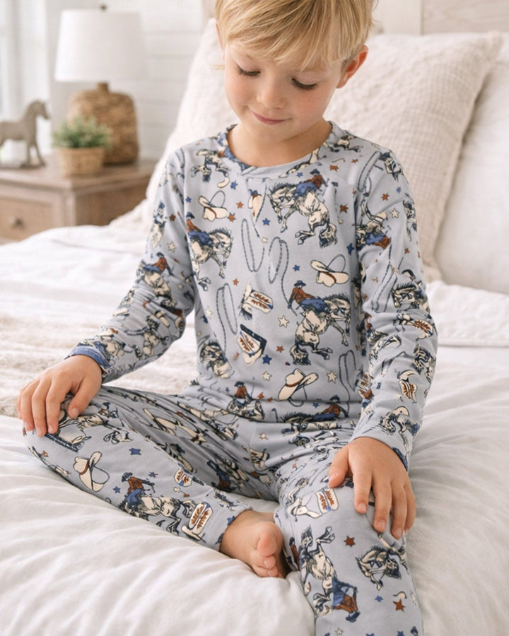 Kids bamboo pajama set: long-sleeve top &amp; pants with Western cowboy print