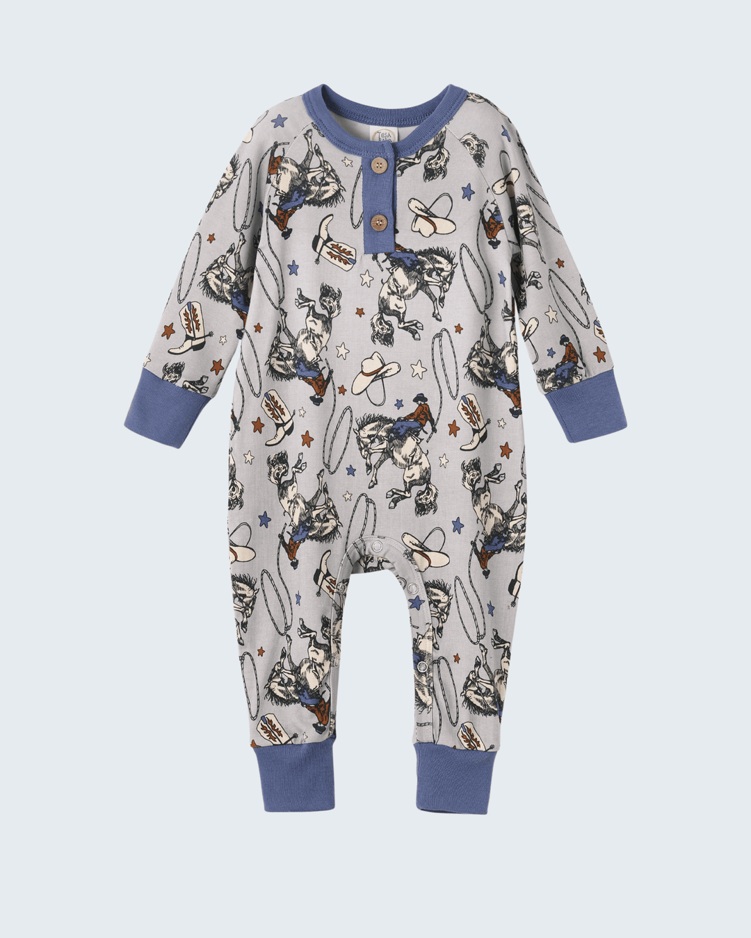 Cowboy graphic bamboo romper with navy henley placket, long sleeves, and ribbed cuffs