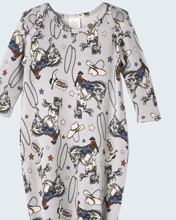 Cowboy rodeo print knot gown, crew neck, long sleeves, allover western graphics