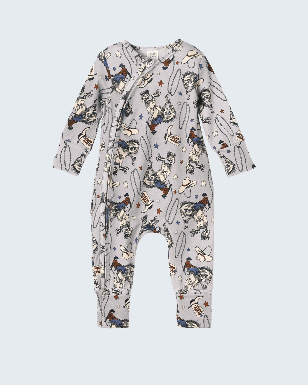 Cowboy rodeo zip romper in light gray with western cowboys, hats, stars pattern
