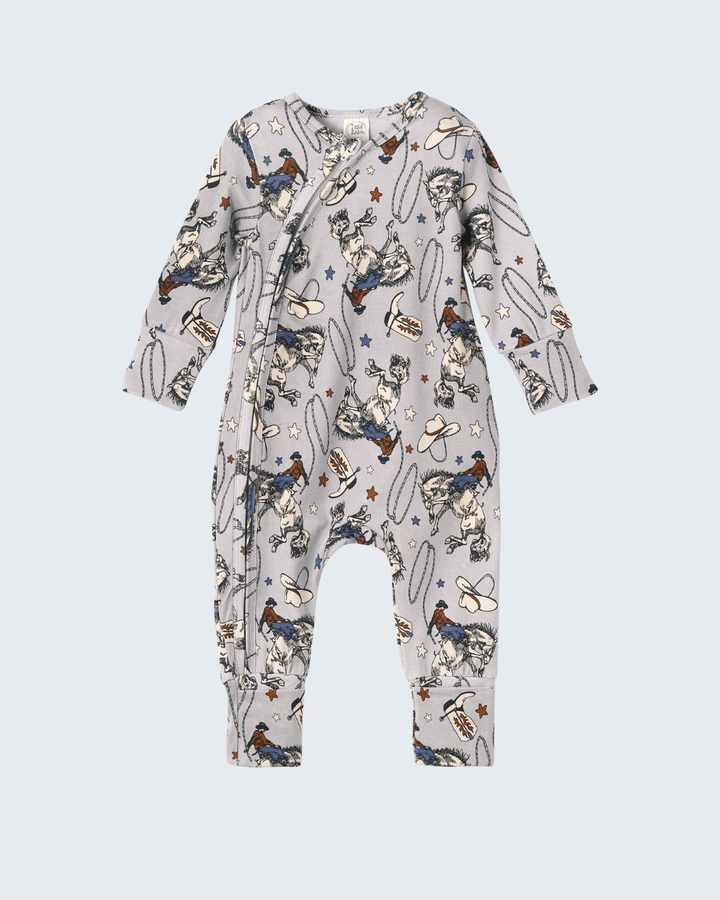 Cowboy rodeo zip romper in light gray with western cowboys, hats, stars pattern