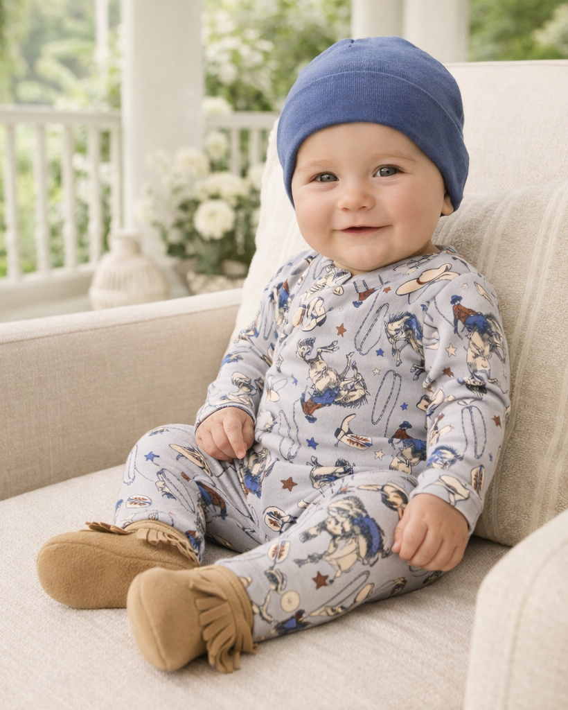 Long-sleeve baby romper with all-over western cowboy print and tan footed cuffs