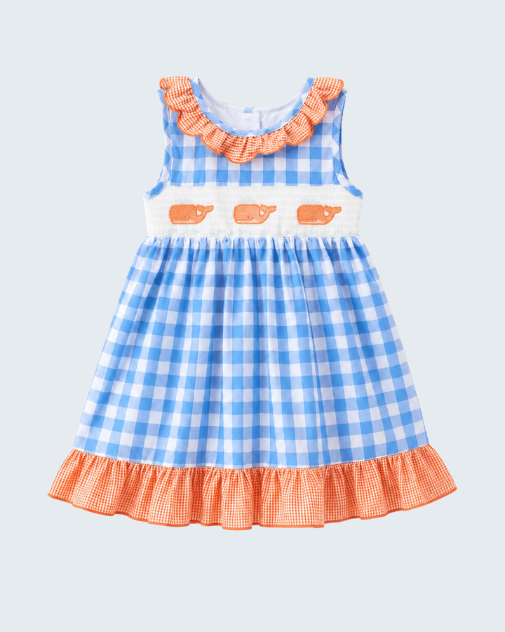 Blue plaid whale embroidered dress