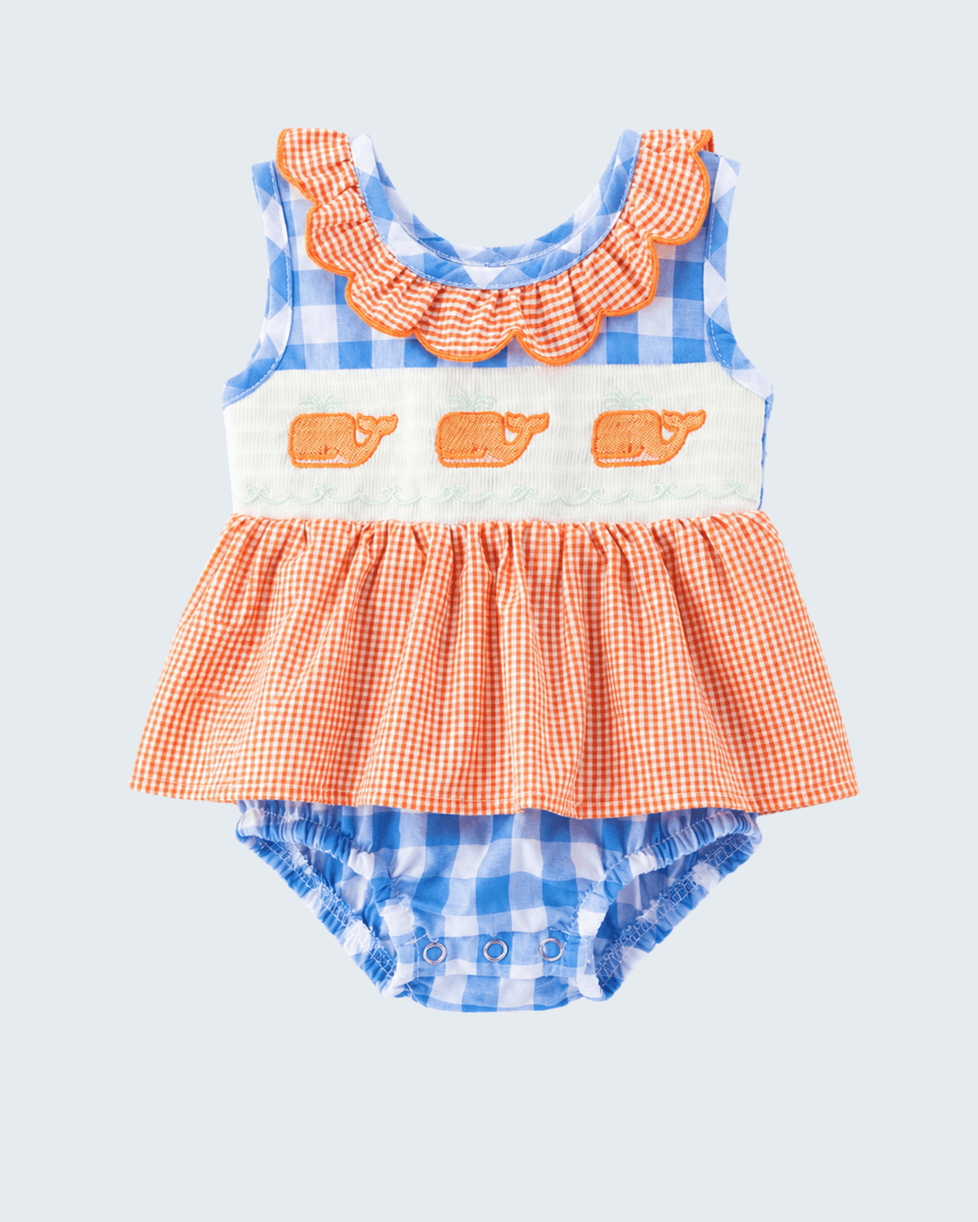 Baby girl blue and orange plaid romper