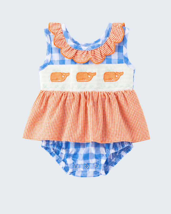 Baby girl blue and orange plaid romper