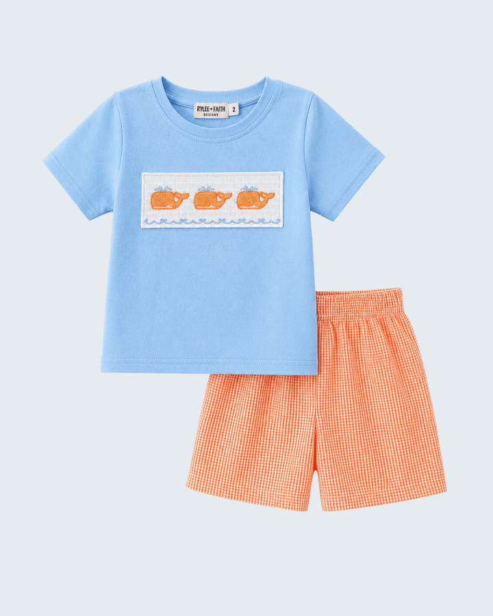 Whale embroidered boys shorts set