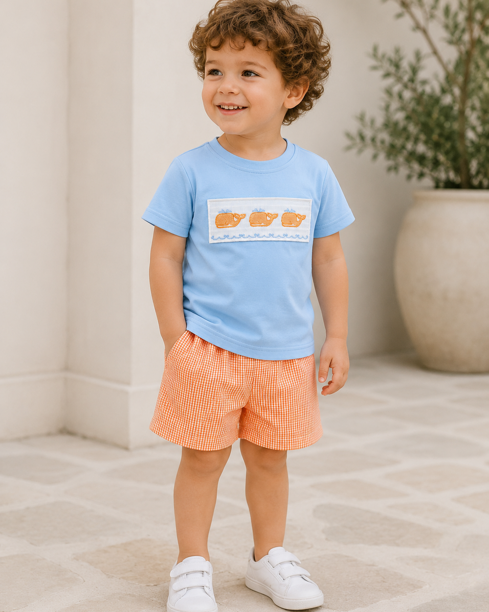 Toddler boy in whale embroidered shorts set