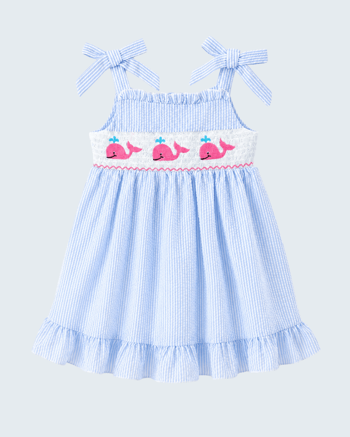 Blue seersucker girls dress with whale embroidery