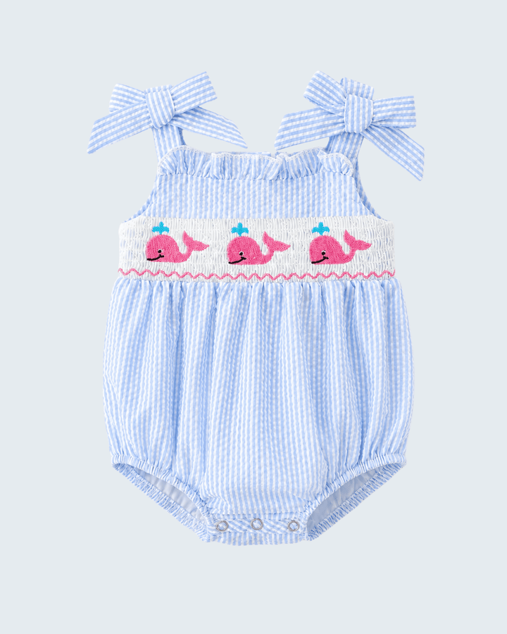 Blue gingham baby girl romper with whale embroidery
