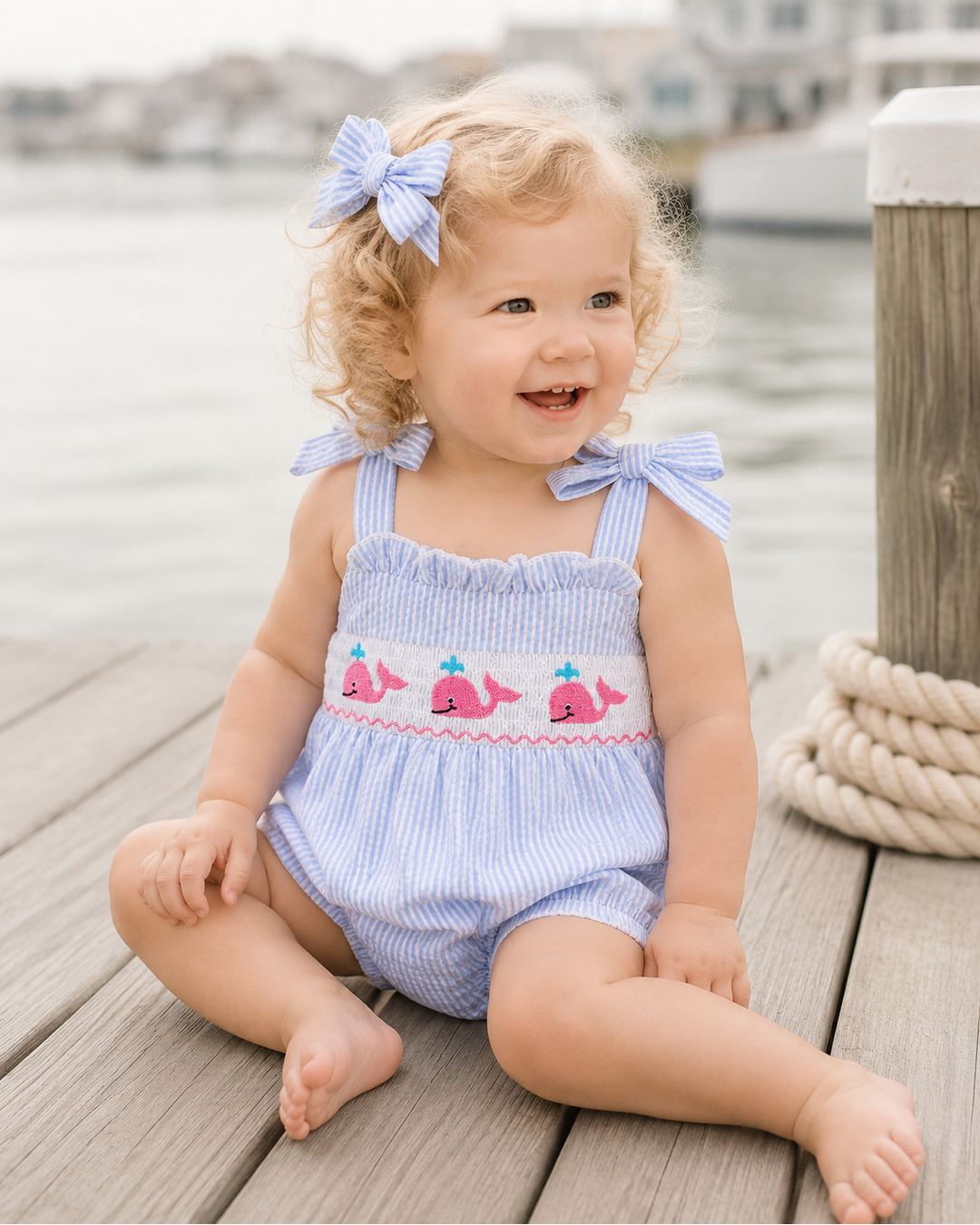 Baby girl in blue gingham romper with whale embroidery