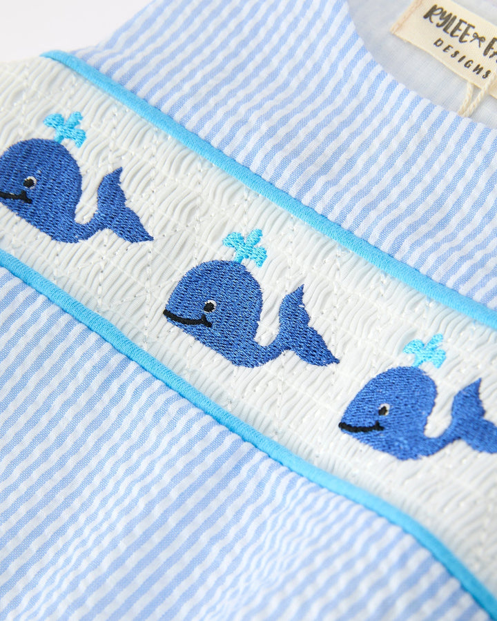 Whale Embroidered Stripe Romper in blue