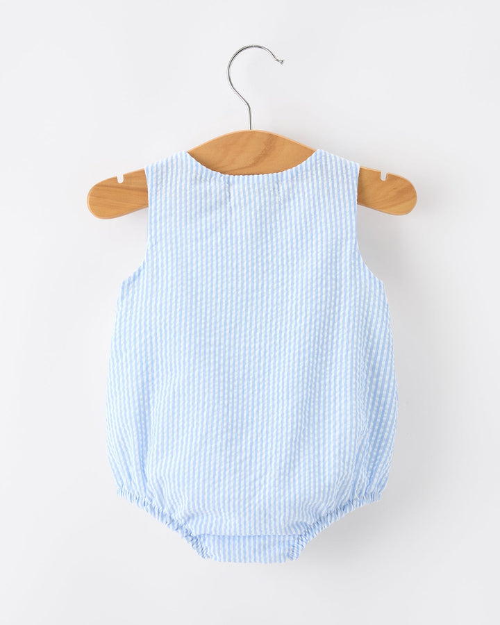 Blue stripe seersucker romper 