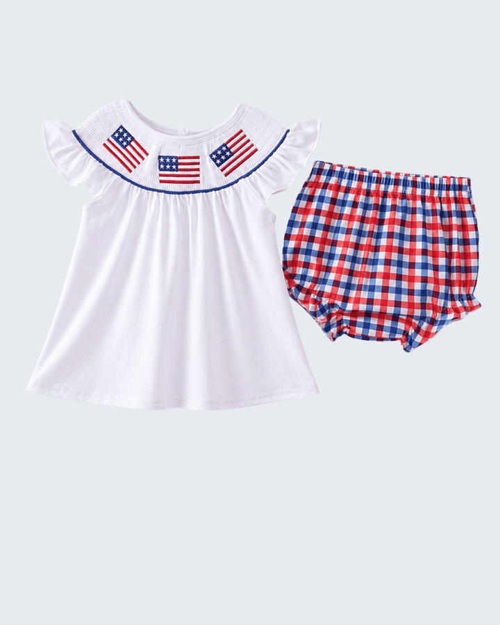 White Flag Smocked Ruffle Gingham Bloomer Set