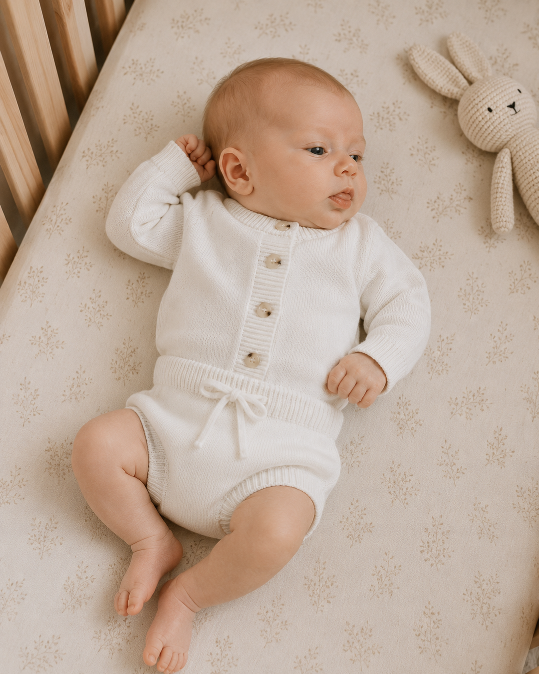 A baby lying on a patterned cream mattress, wearing a cream ribbed long-sleeve romper with button closures and a small front bow. A knitted bunny toy is visible at the top right.