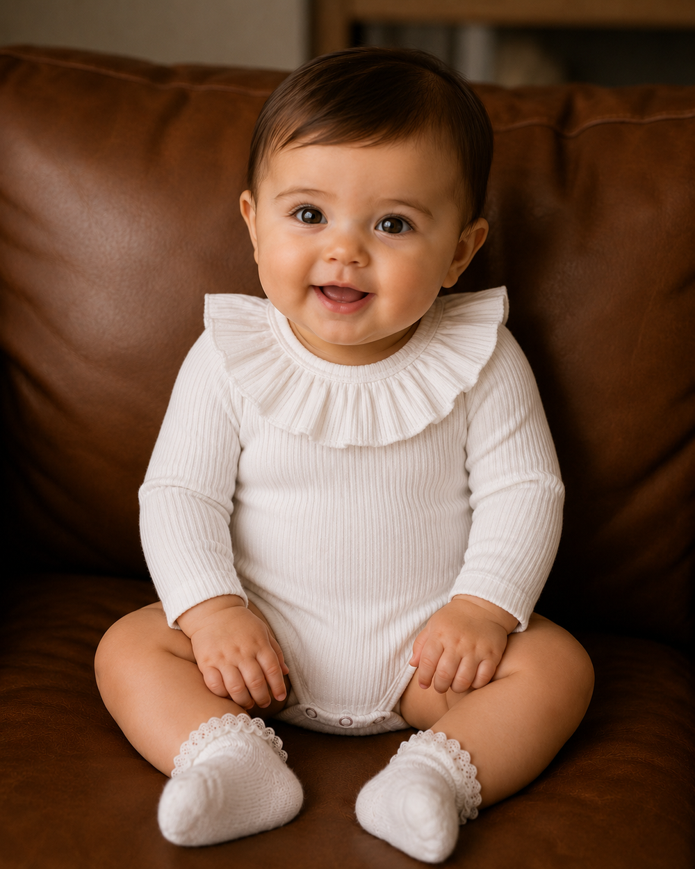 A baby sitting on a brown leather couch wearing a white ribbed long-sleeve bodysuit with a ruffled collar and white socks.