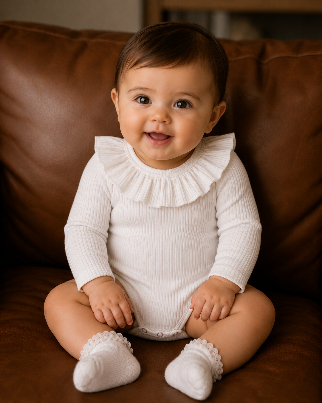 A baby sitting on a brown leather couch wearing a white ribbed long-sleeve bodysuit with a ruffled collar and white socks.