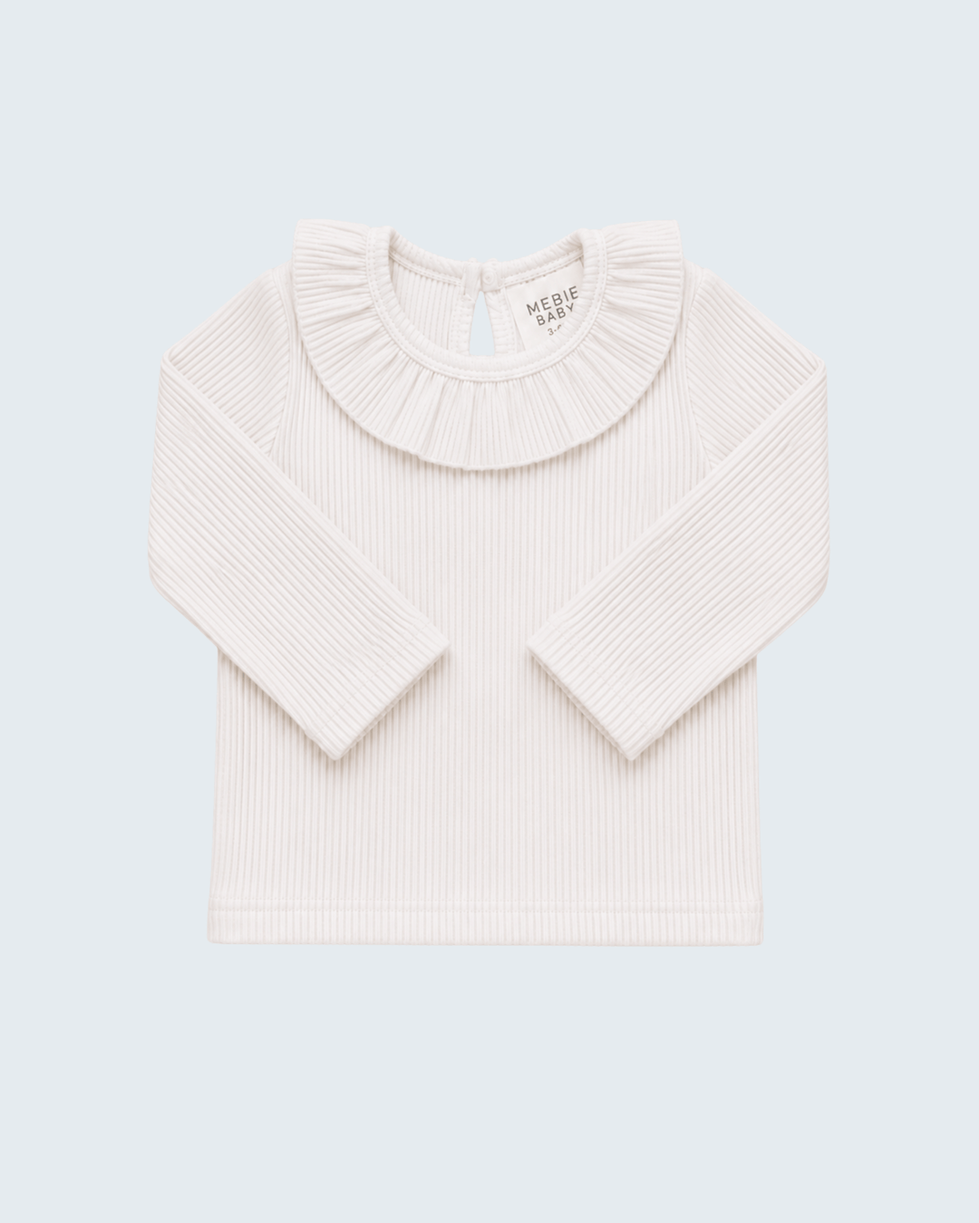 White ribbed long-sleeve top with ruffled round collar and button placket