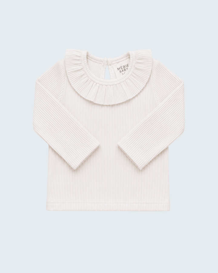 White ribbed long-sleeve top with ruffled round collar and button placket