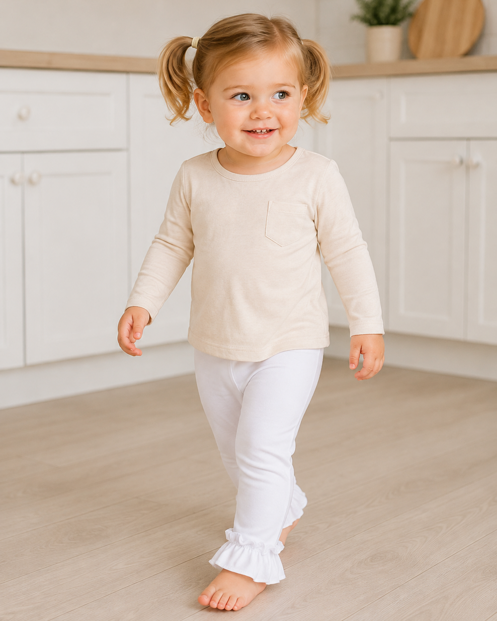 White ruffle cuff leggings worn by a toddler, elastic waist and flounced hems