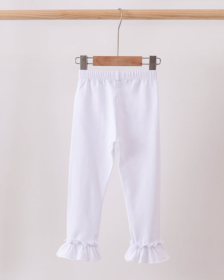 White ruffle cuff leggings shown on a hanger, elastic waistband and cuffs