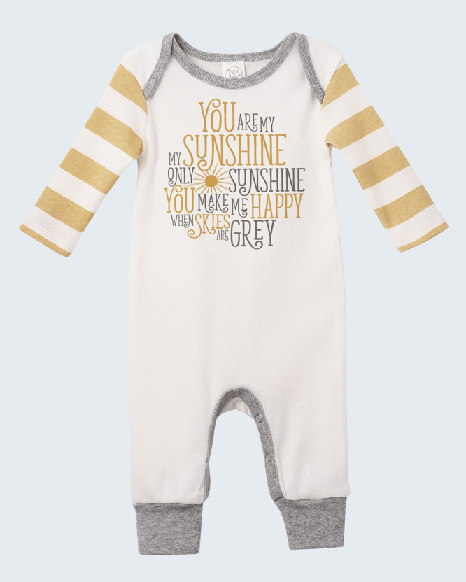 White baby romper with long tan-striped sleeves, gray cuffs, and front sunshine print