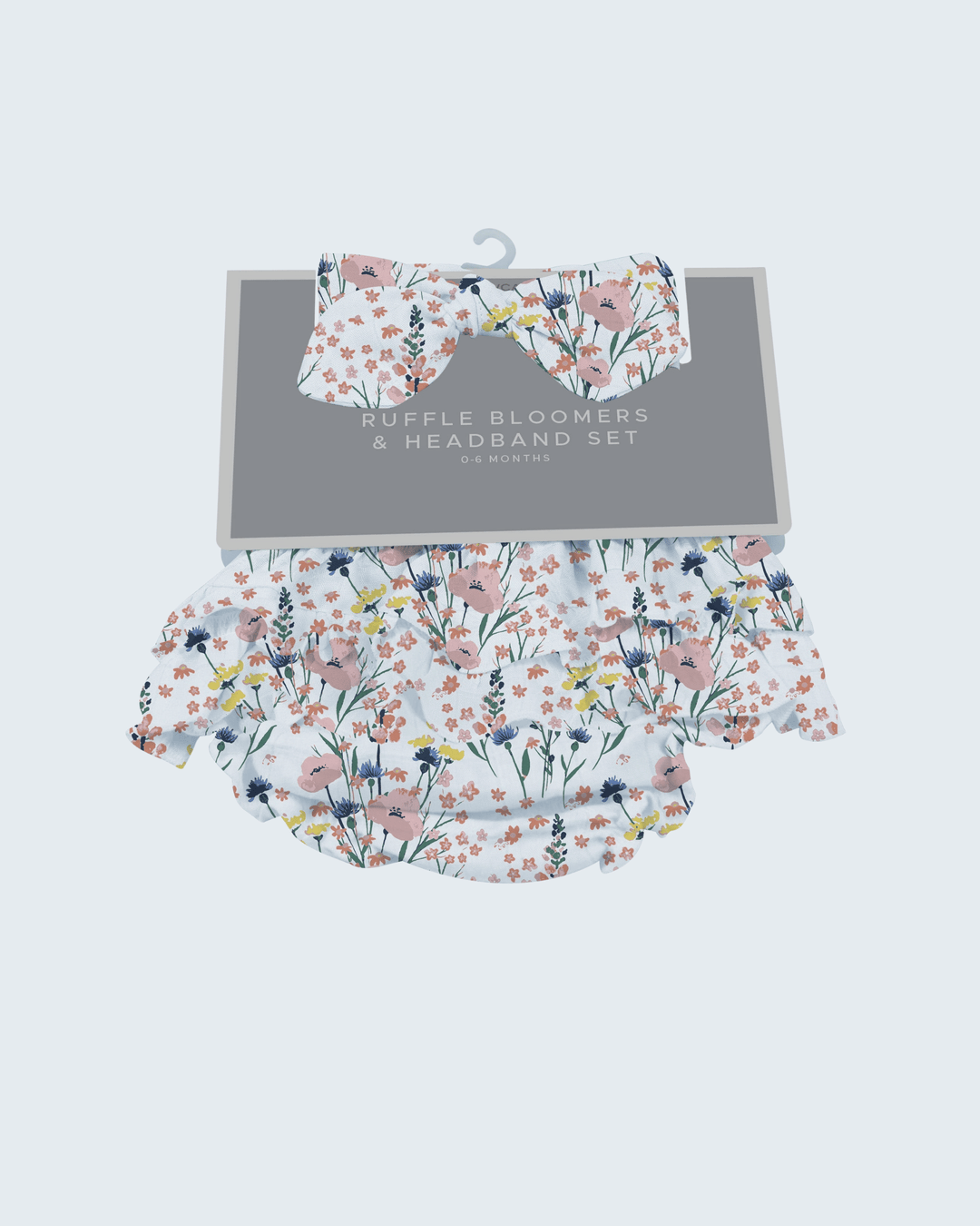 Floral ruffle baby bloomers with elastic waistband and leg cuffs