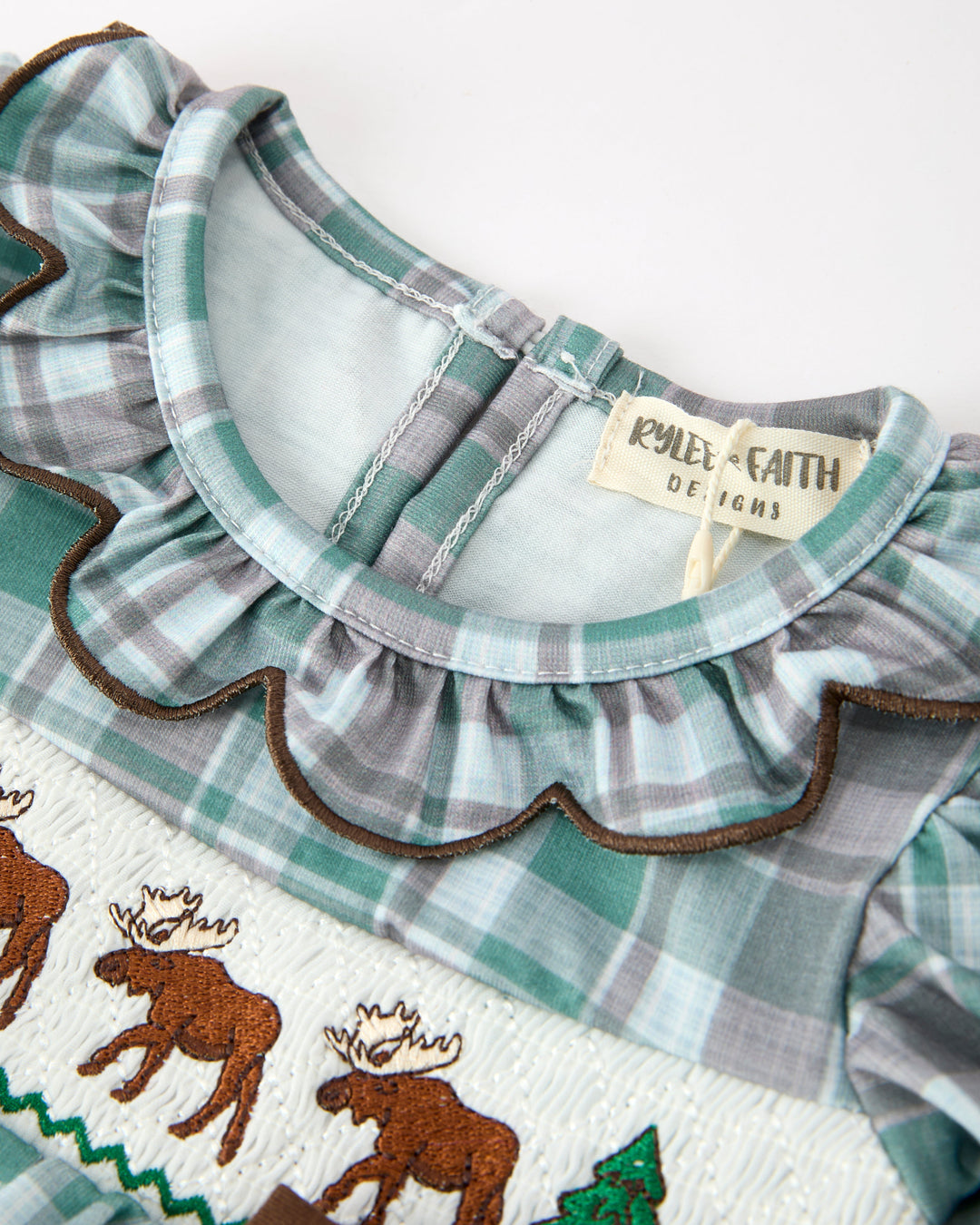 Green-and-white plaid baby romper with ruffle collar, moose embroidery on white yoke