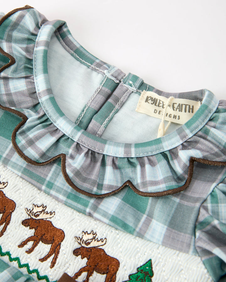 Green-and-white plaid baby romper with ruffle collar, moose embroidery on white yoke