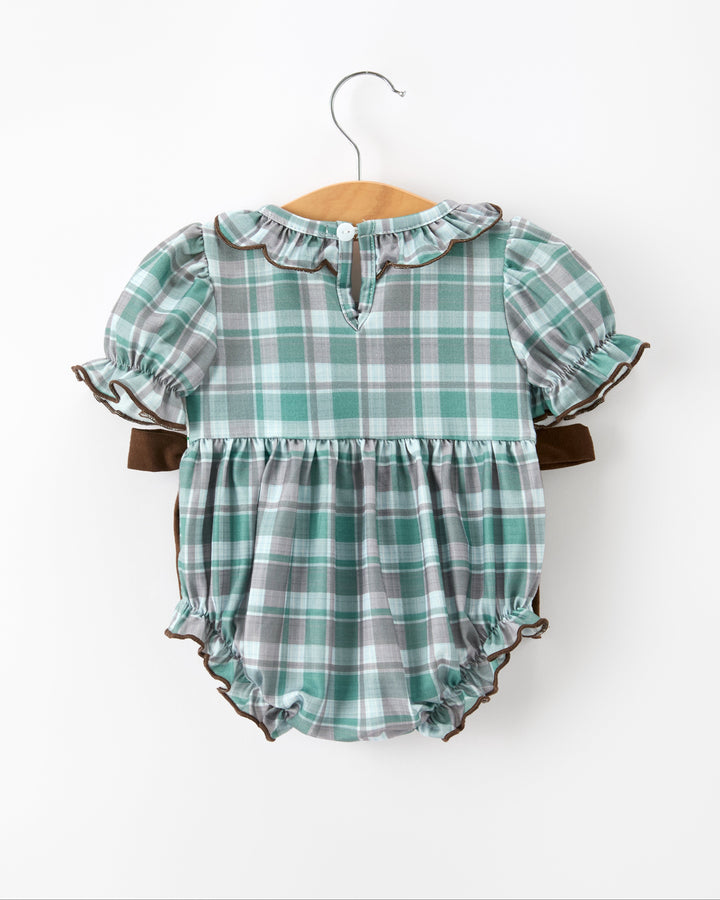 Green plaid baby girl bubble romper with ruffled sleeves, buttoned bodice and brown tie