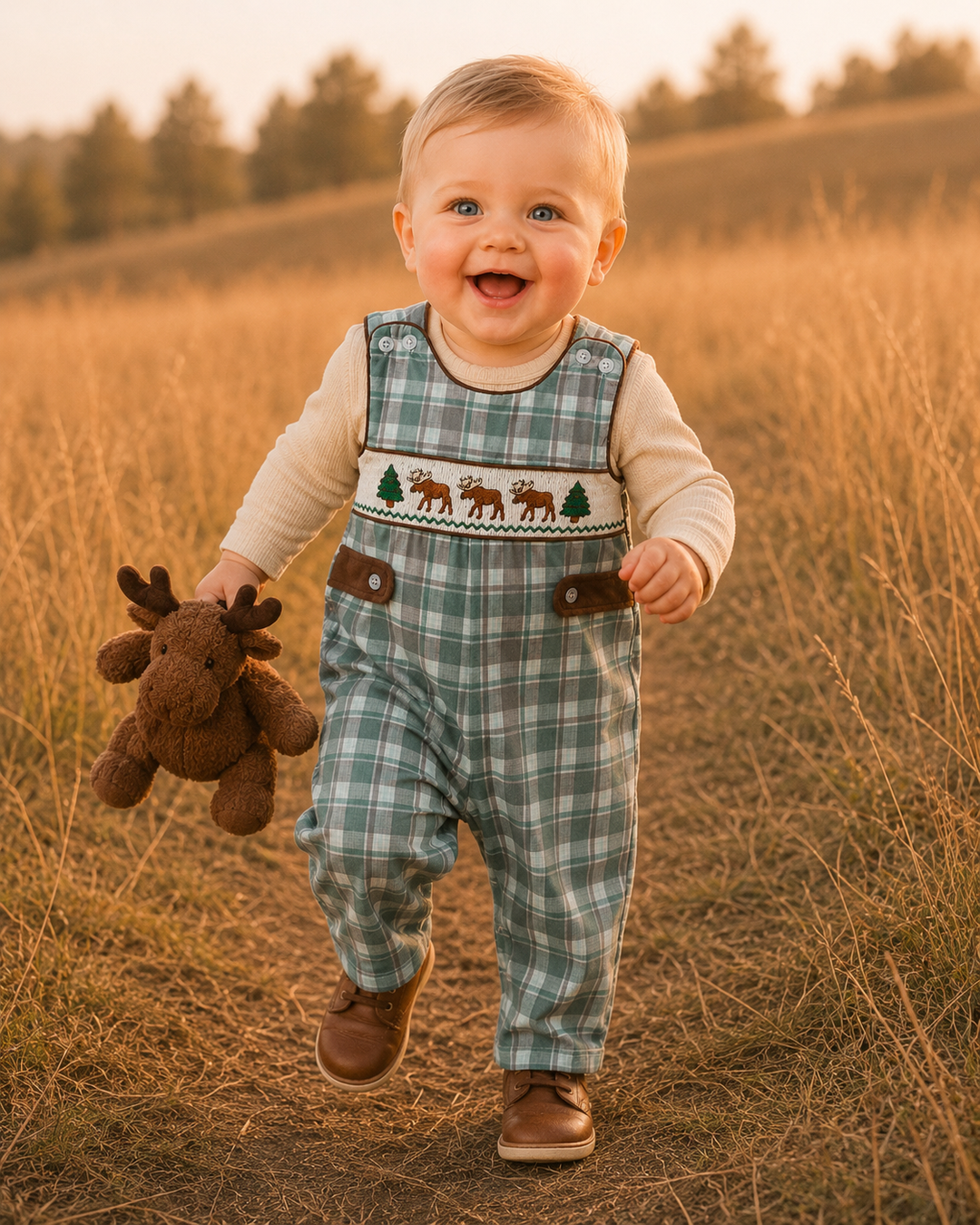 A smiling toddler walking outdoors in a field at golden hour, wearing blue-green plaid overalls over a cream long-sleeve shirt and holding a brown plush moose toy.