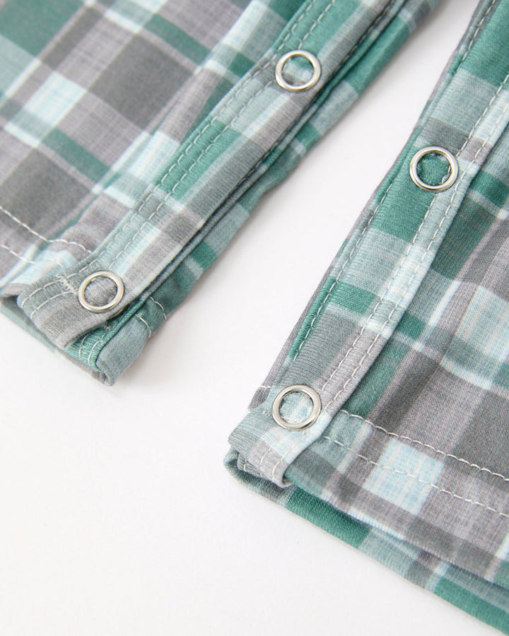 Green-gray plaid JonJon with metal eyelets on leg openings and brown-stitched trim