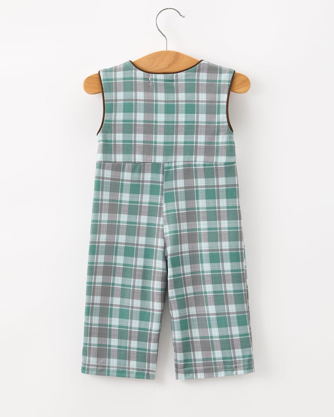 Plaid baby boy JonJon romper with wide chest bib and sleeveless design, green-gray plaid