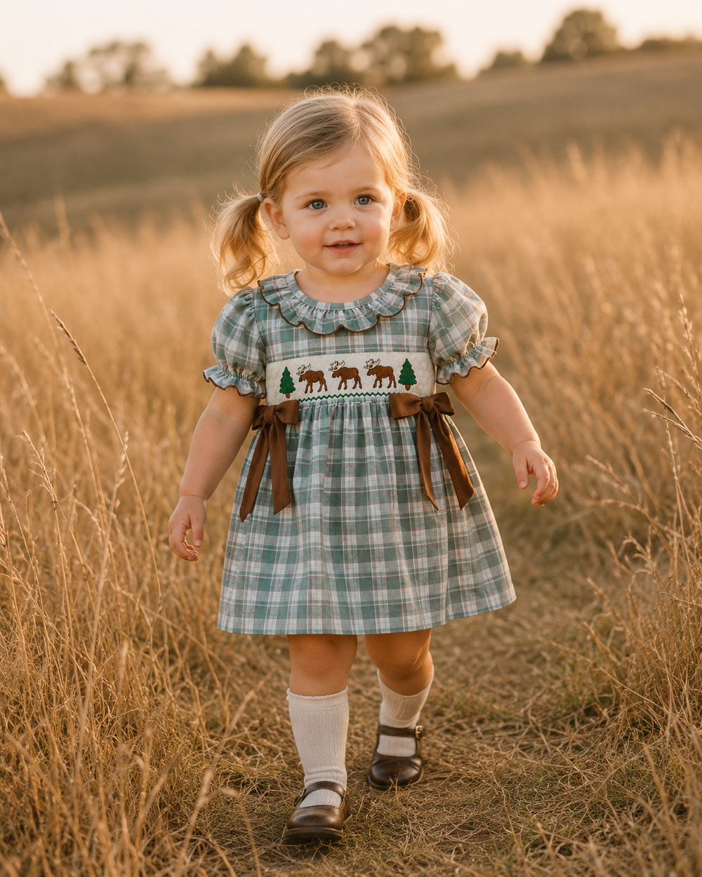 A toddler girl walking in a field of dry golden grass, wearing a green and white plaid dress with a smocked chest panel featuring moose and pine tree motifs, brown ribbon ties, white socks, and dark shoes.
