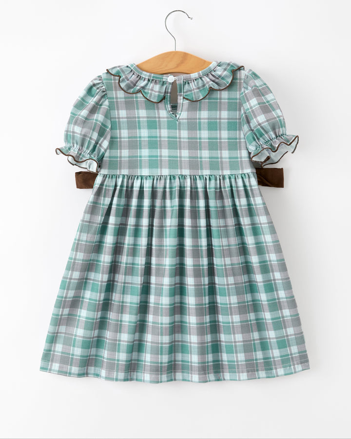 Girls teal and white plaid puff sleeve dress with gathered waist and brown bow ties
